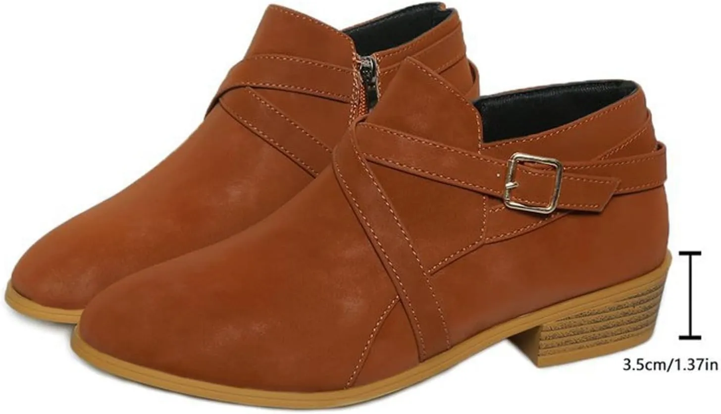 Ankle Boots for Women, Comfy Faux Leather Round Toe Chunky Mid Heel Zippers Ankle Booties Stacked Heel Western Booties
