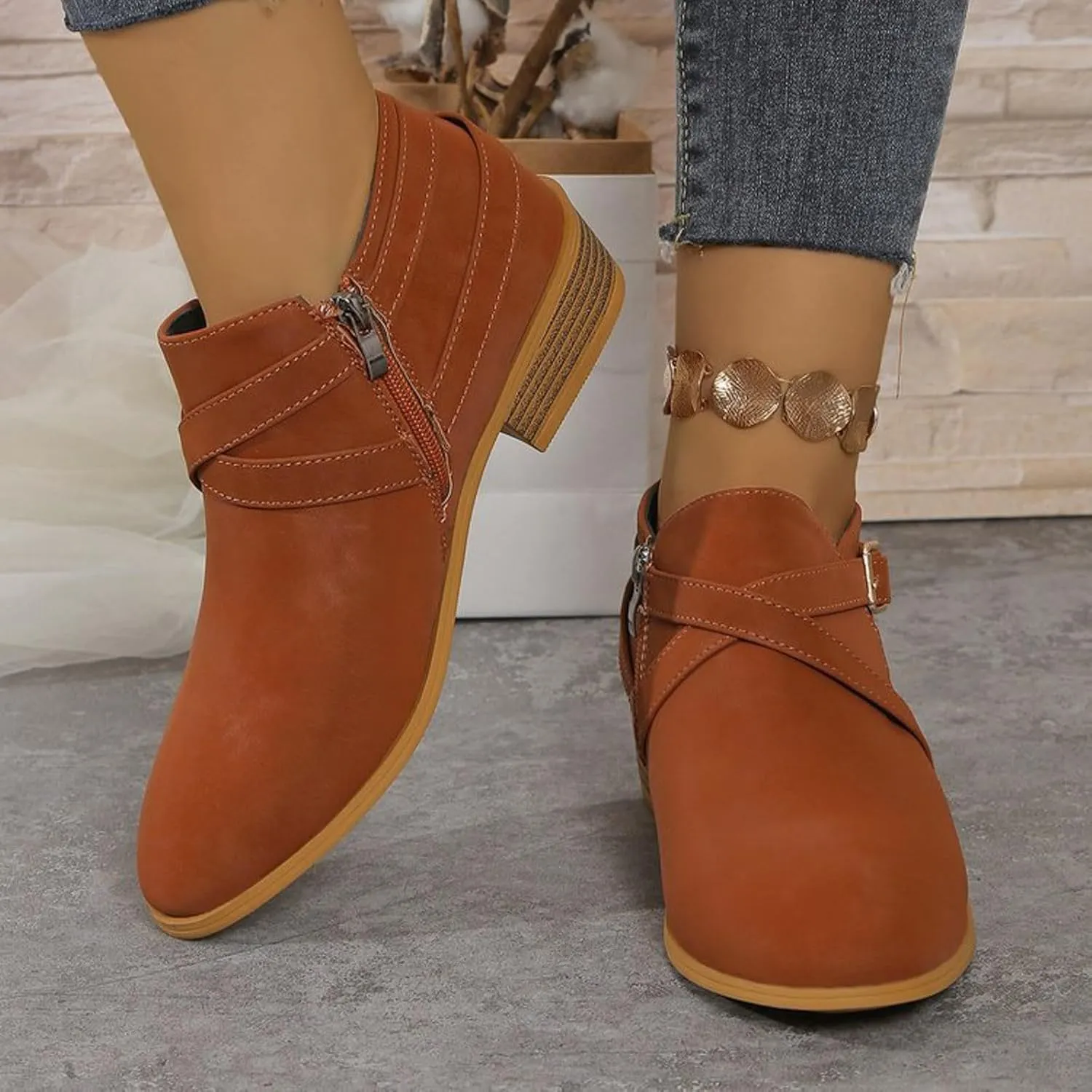 Ankle Boots for Women, Comfy Faux Leather Round Toe Chunky Mid Heel Zippers Ankle Booties Stacked Heel Western Booties