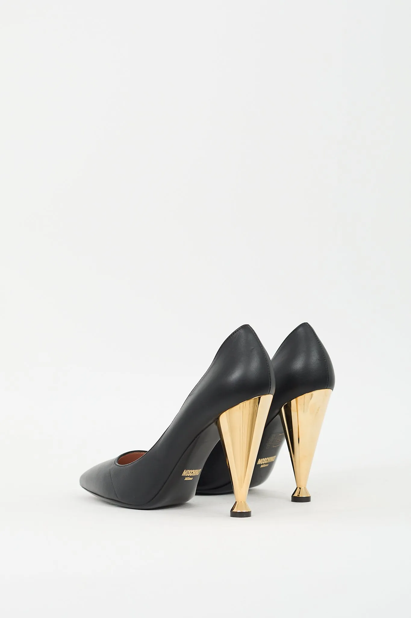 Black & Gold Leather Cone Heeled Pump
