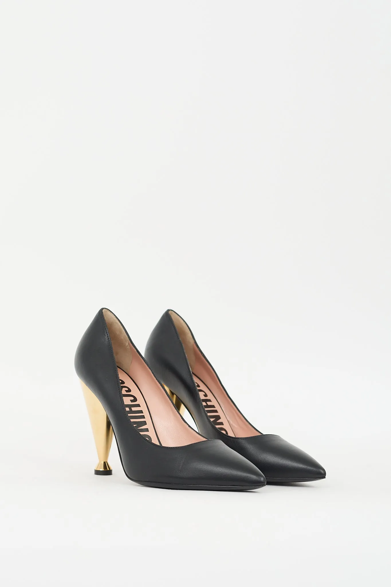 Black & Gold Leather Cone Heeled Pump