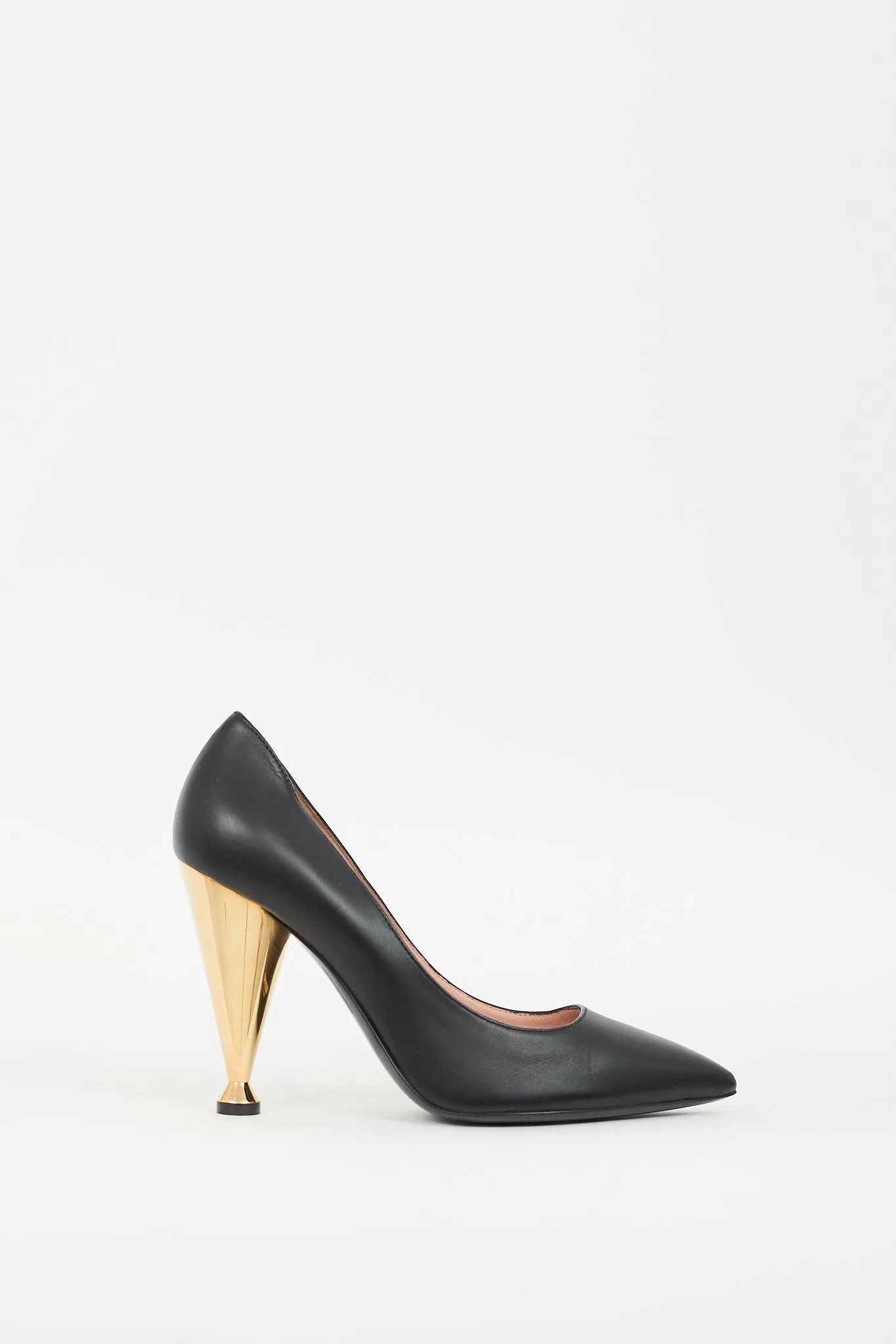 Black & Gold Leather Cone Heeled Pump
