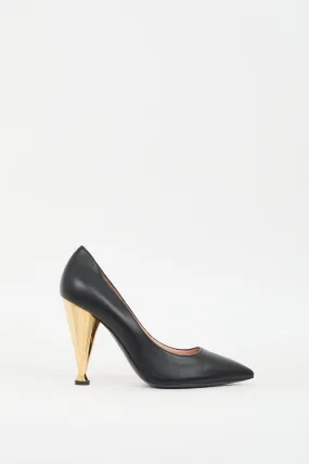 Black & Gold Leather Cone Heeled Pump