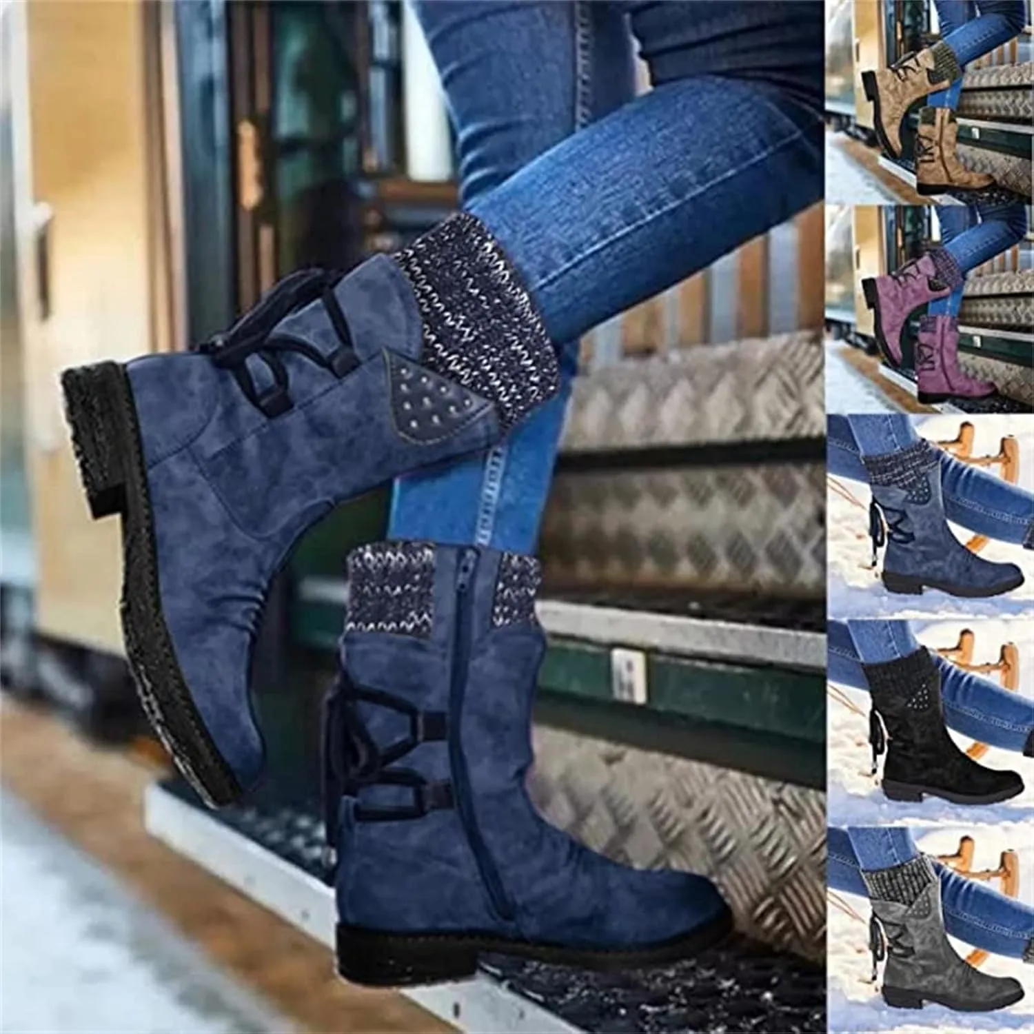 Boots For Women Wide Calf Winter Mid Calf Military Combat Boots Side Zipper Low Heel Biker Motorcycle Riding Dress Boots