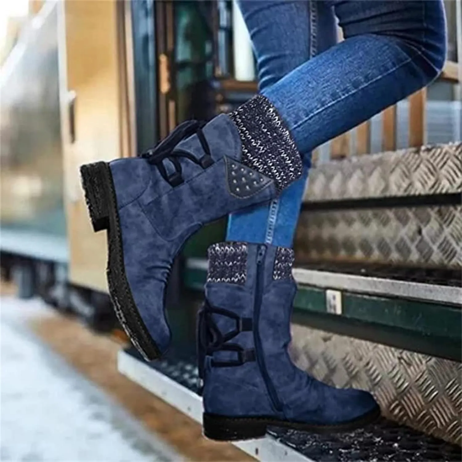 Boots For Women Wide Calf Winter Mid Calf Military Combat Boots Side Zipper Low Heel Biker Motorcycle Riding Dress Boots