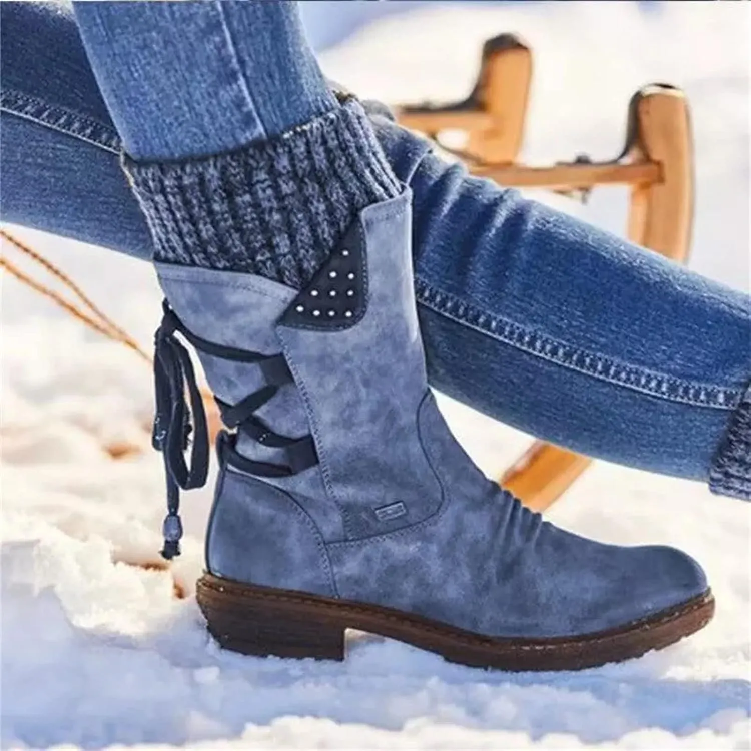 Boots For Women Wide Calf Winter Mid Calf Military Combat Boots Side Zipper Low Heel Biker Motorcycle Riding Dress Boots