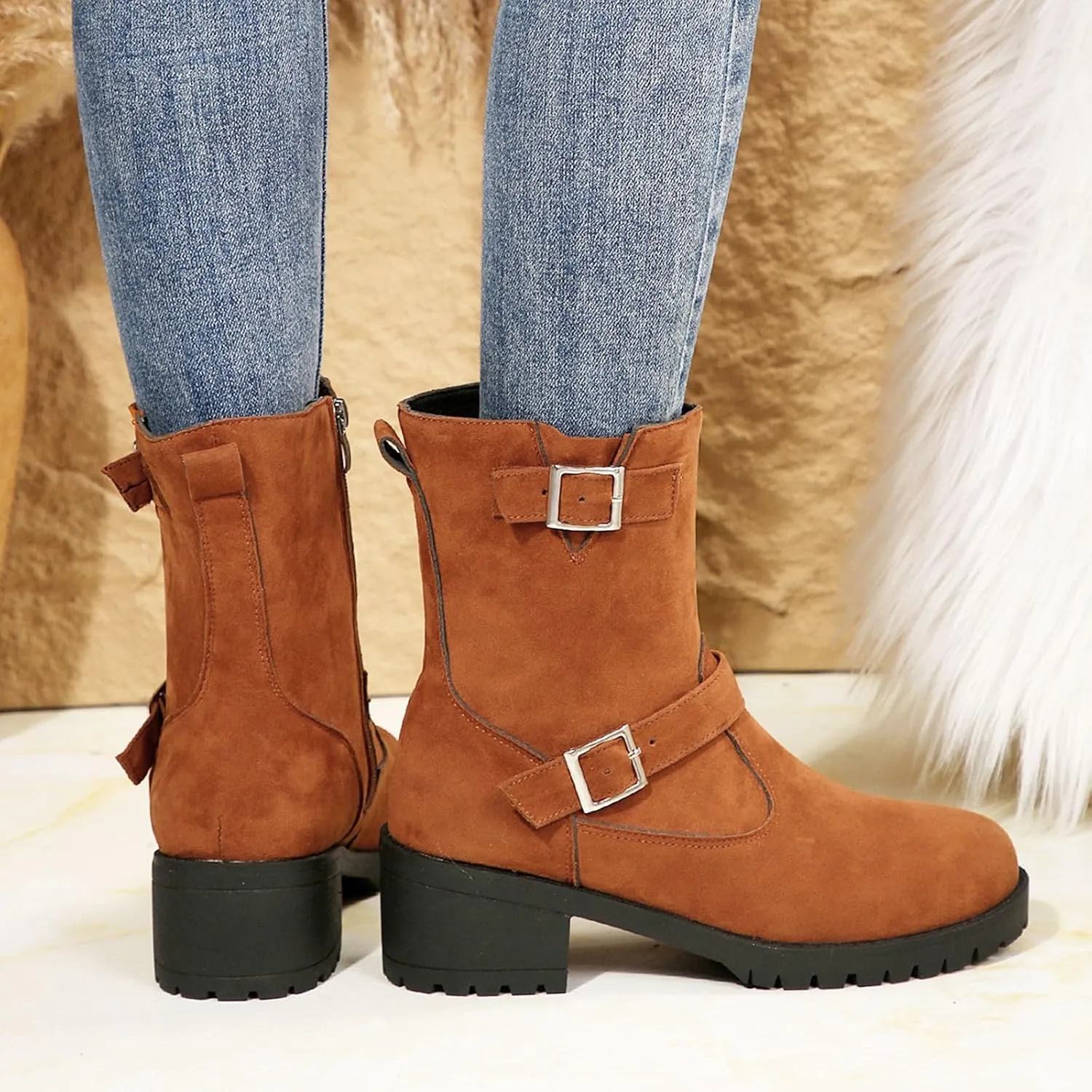 Boots for Women, Women's Thick Heel Mid-Calf Solid Color Belt Buckle Square Heel Suede Ankle Boots Short Boots