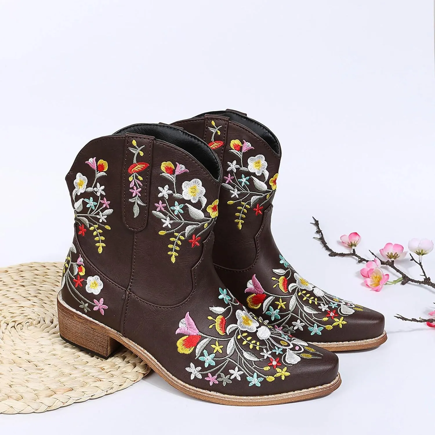 Cathalem Cowboy Boots for Women Flower Embroidered Cowgirl Boots Square Toe Western Boots Fall Boots Chunky Heel Short Boots