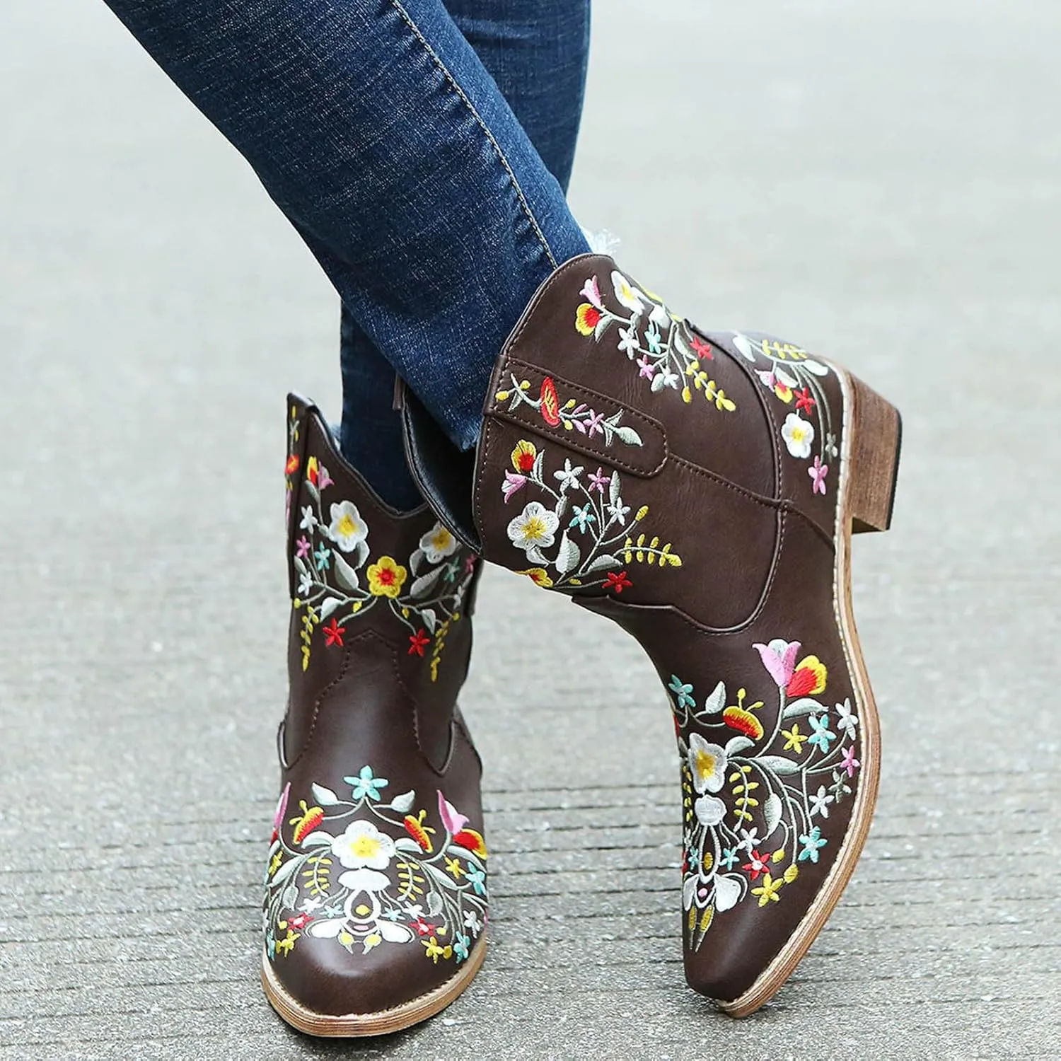 Cathalem Cowboy Boots for Women Flower Embroidered Cowgirl Boots Square Toe Western Boots Fall Boots Chunky Heel Short Boots