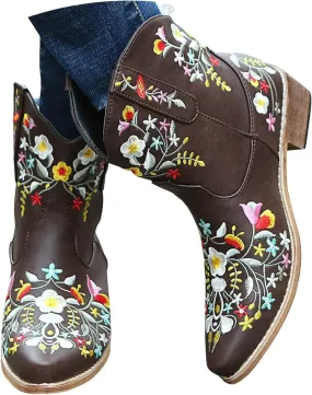 Cathalem Cowboy Boots for Women Flower Embroidered Cowgirl Boots Square Toe Western Boots Fall Boots Chunky Heel Short Boots