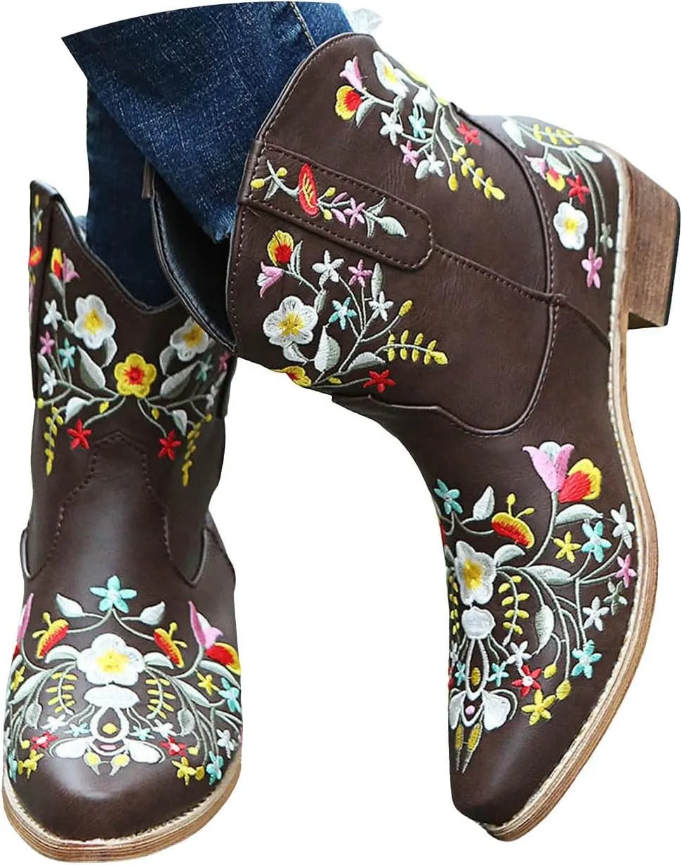 Cathalem Cowboy Boots for Women Flower Embroidered Cowgirl Boots Square Toe Western Boots Fall Boots Chunky Heel Short Boots