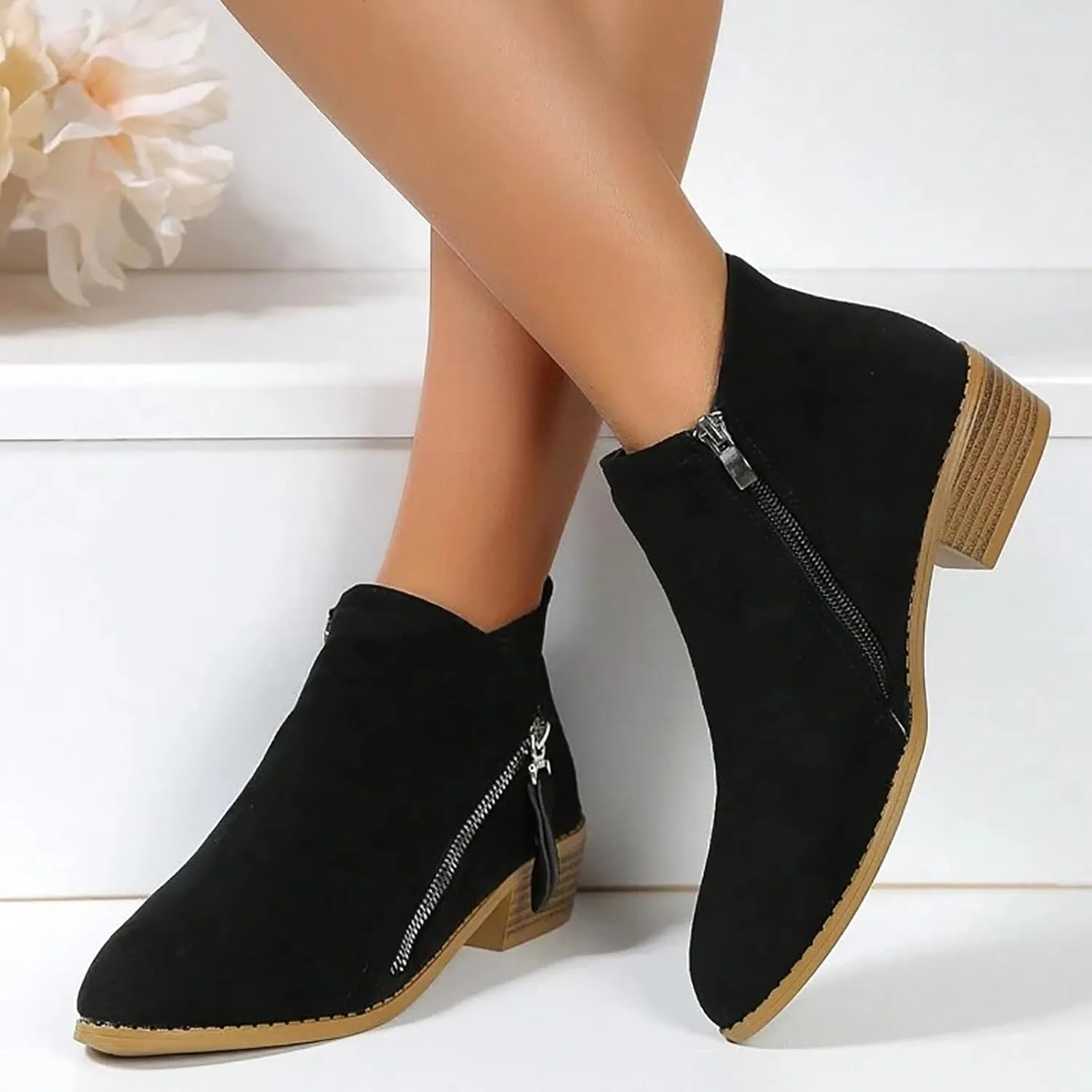 Cathalem Womens Boots Ankle, Ankle Booties Vintage Slip on Round Toe Side Zipper Chunky Block Mid Heel Booties Ladies Shoes