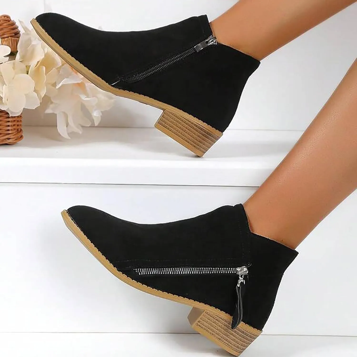 Cathalem Womens Boots Ankle, Ankle Booties Vintage Slip on Round Toe Side Zipper Chunky Block Mid Heel Booties Ladies Shoes