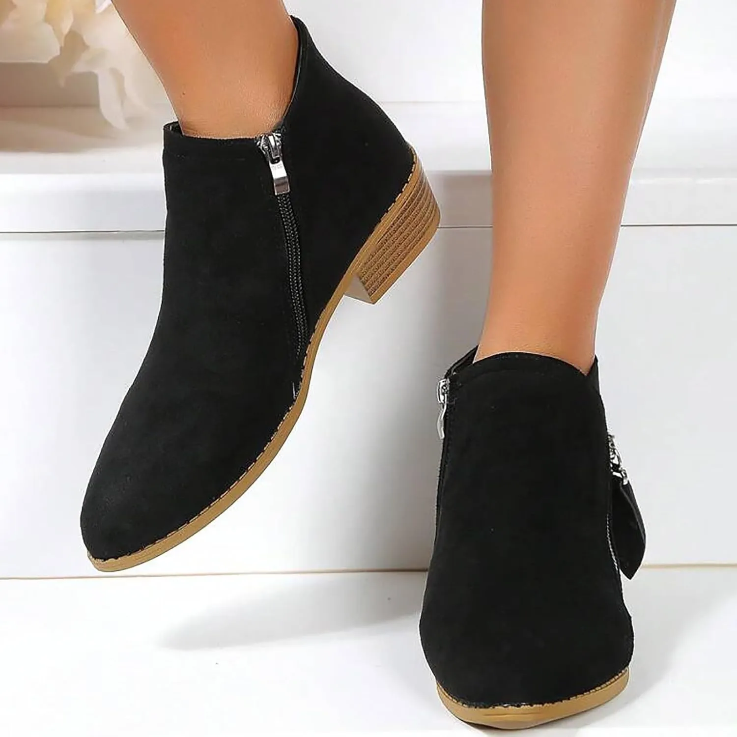 Cathalem Womens Boots Ankle, Ankle Booties Vintage Slip on Round Toe Side Zipper Chunky Block Mid Heel Booties Ladies Shoes