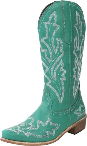 Cowboy Boots for Women Cowgirl Boots Retro Western Slip On Embroidery Pointed Toe Middle Heels Booties Chunky Heel