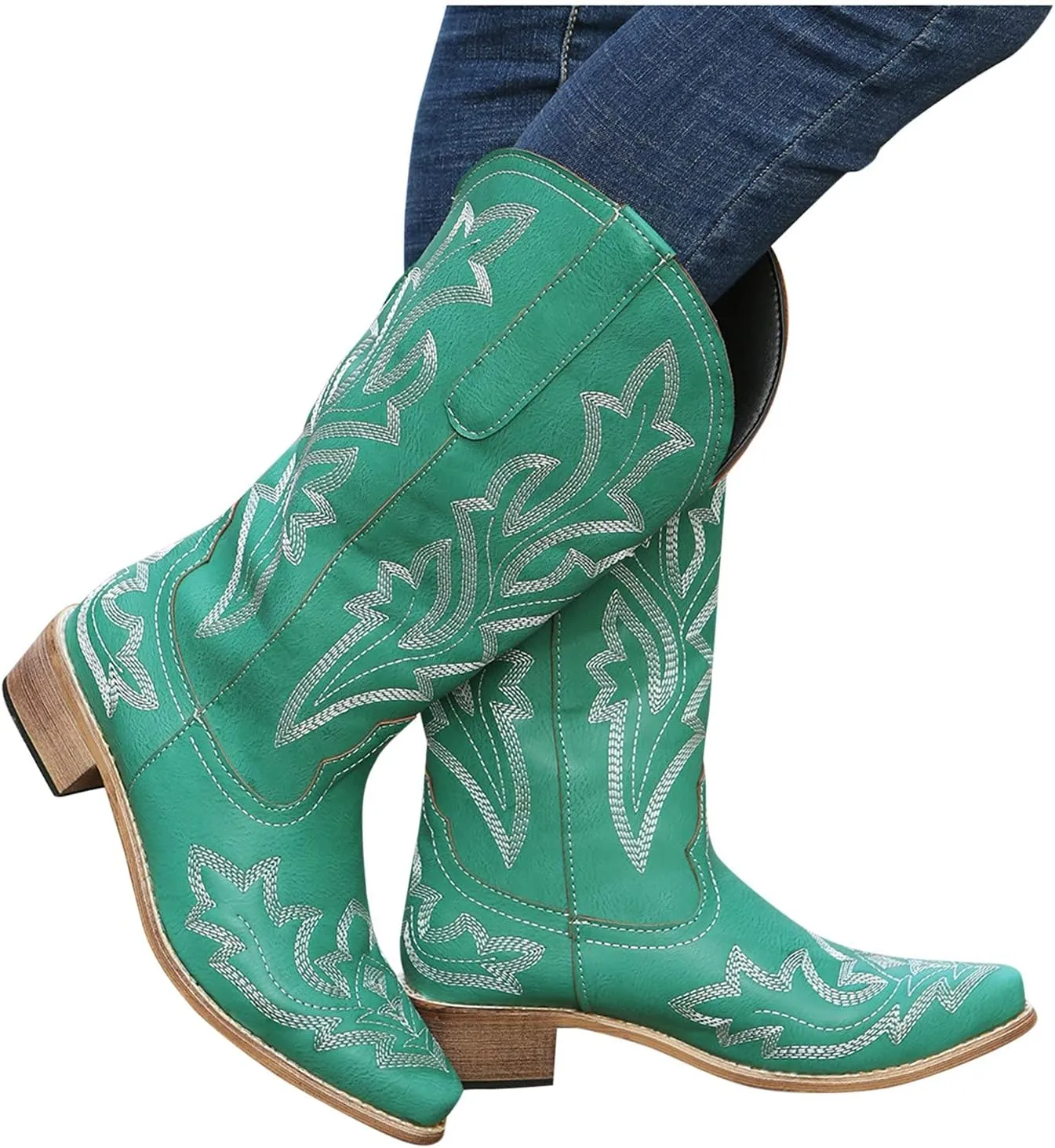 Cowboy Boots for Women Cowgirl Boots Retro Western Slip On Embroidery Pointed Toe Middle Heels Booties Chunky Heel