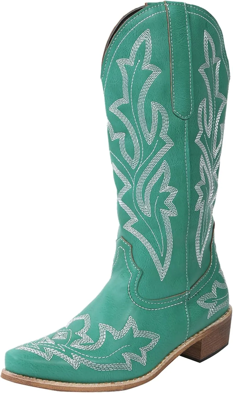 Cowboy Boots for Women Cowgirl Boots Retro Western Slip On Embroidery Pointed Toe Middle Heels Booties Chunky Heel