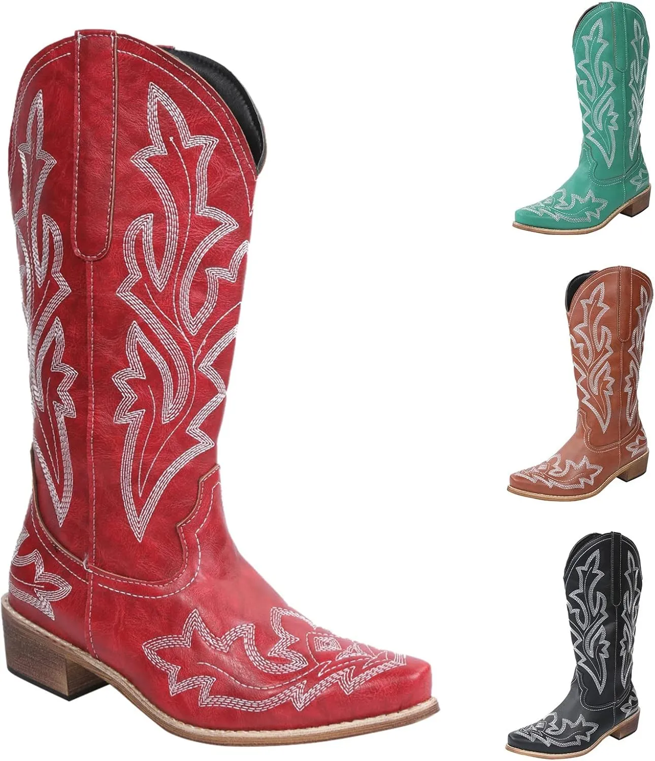 Cowboy Boots for Women Cowgirl Boots Retro Western Slip On Embroidery Pointed Toe Middle Heels Booties Chunky Heel