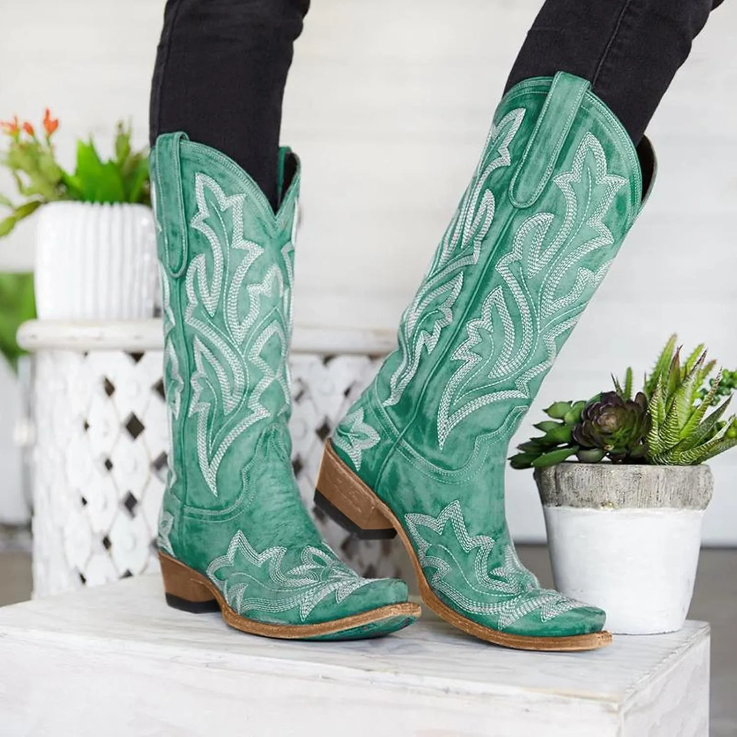 Cowboy Boots for Women Cowgirl Boots Retro Western Slip On Embroidery Pointed Toe Middle Heels Booties Chunky Heel