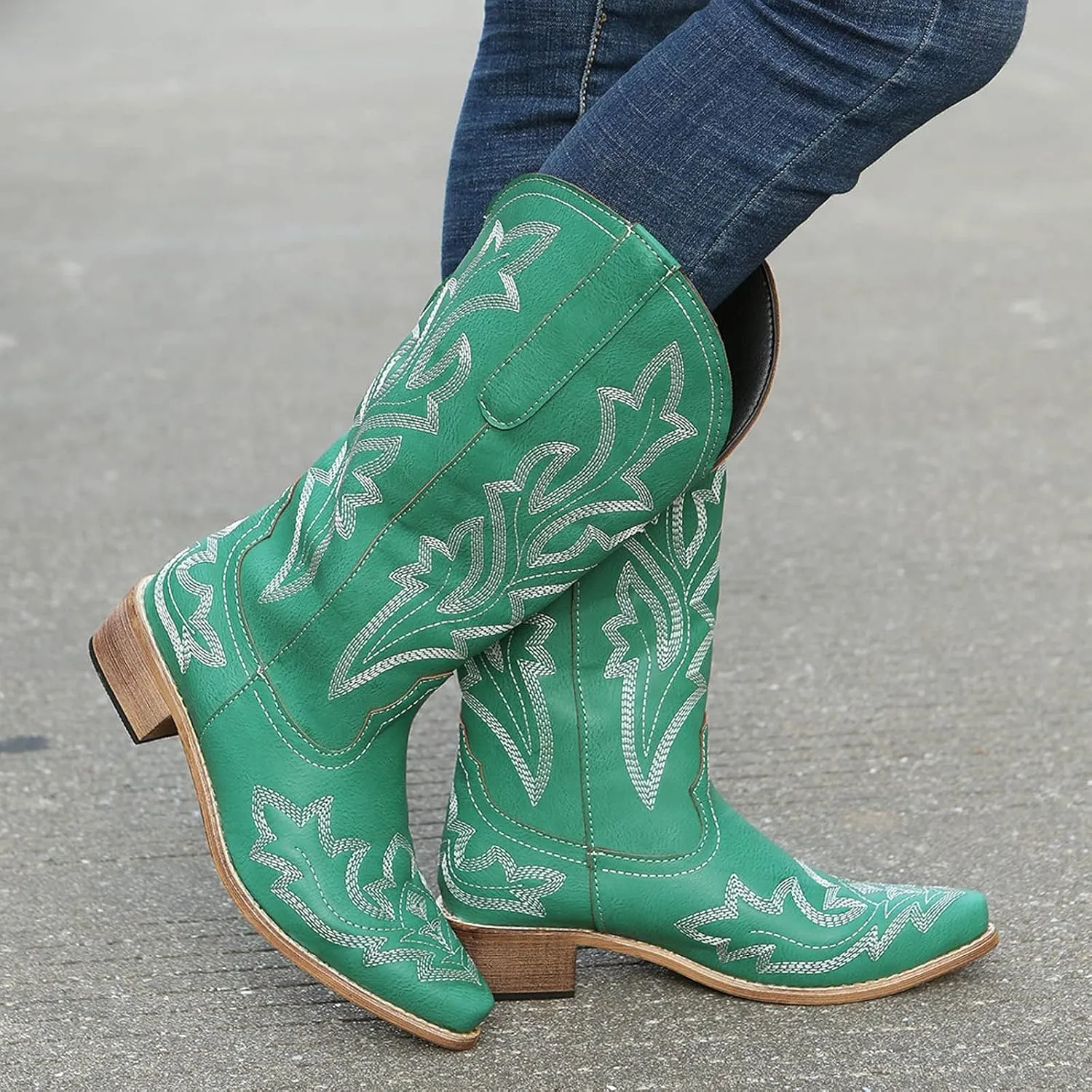 Cowboy Boots for Women Cowgirl Boots Retro Western Slip On Embroidery Pointed Toe Middle Heels Booties Chunky Heel