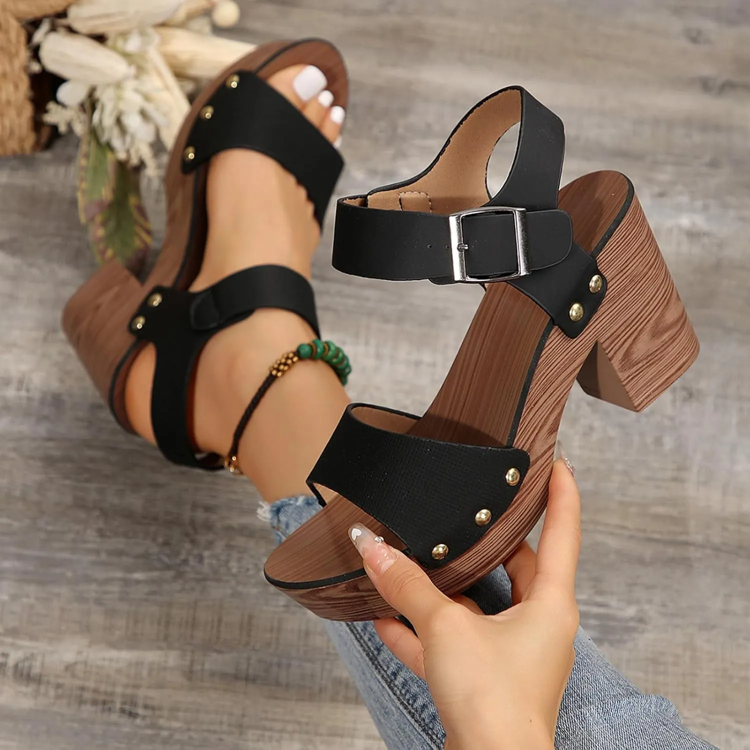 Dressy Wedge Low Heel Sandals For Women 2025 Summer Fashion Elegant Heeled Sandal Cork Wedge Sandal with Ankle Buckle