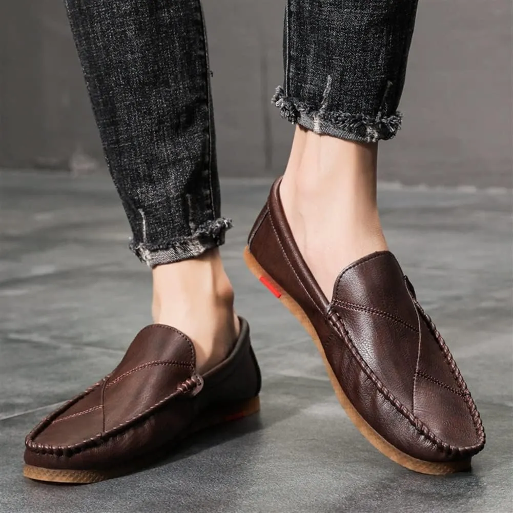Driving Moccasins Loafer Shoes for Men Vegan Leather Stitching Details Rubber Sole Round Toe Flexible Resistant Flat Heel Anti-Slip Lightweight for Any Attire