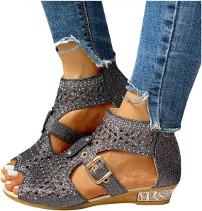 Hbeylia Flat Sandals for Women,Rhinestones Hollow Out Peep Toe Cross Strap Sandals for Womens Glitter Zipper Roman Gladiator Sandals Shoes Summer Casual Daily Sandals