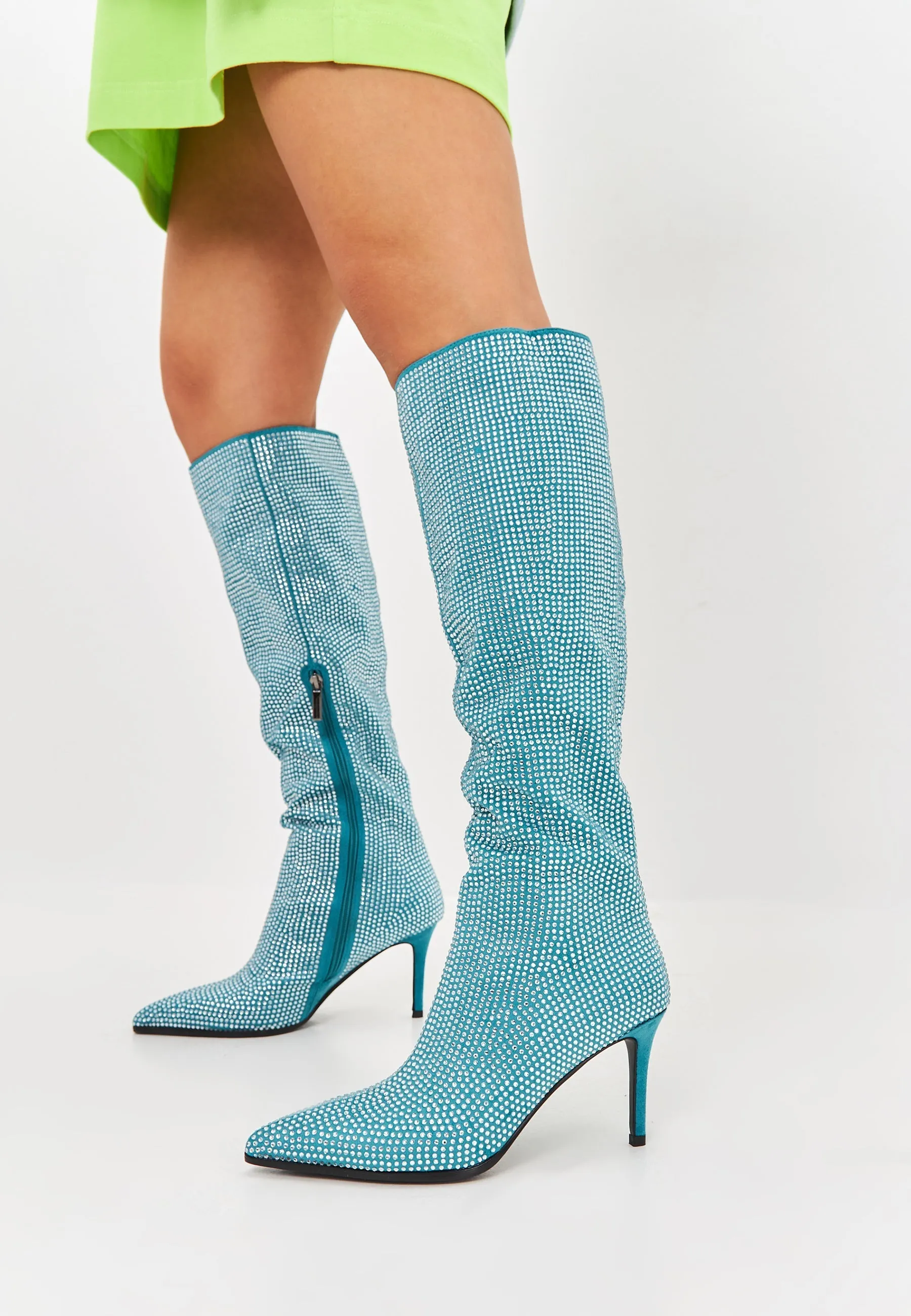 Jewel Stiletto Knee High Boots Mili - Blue