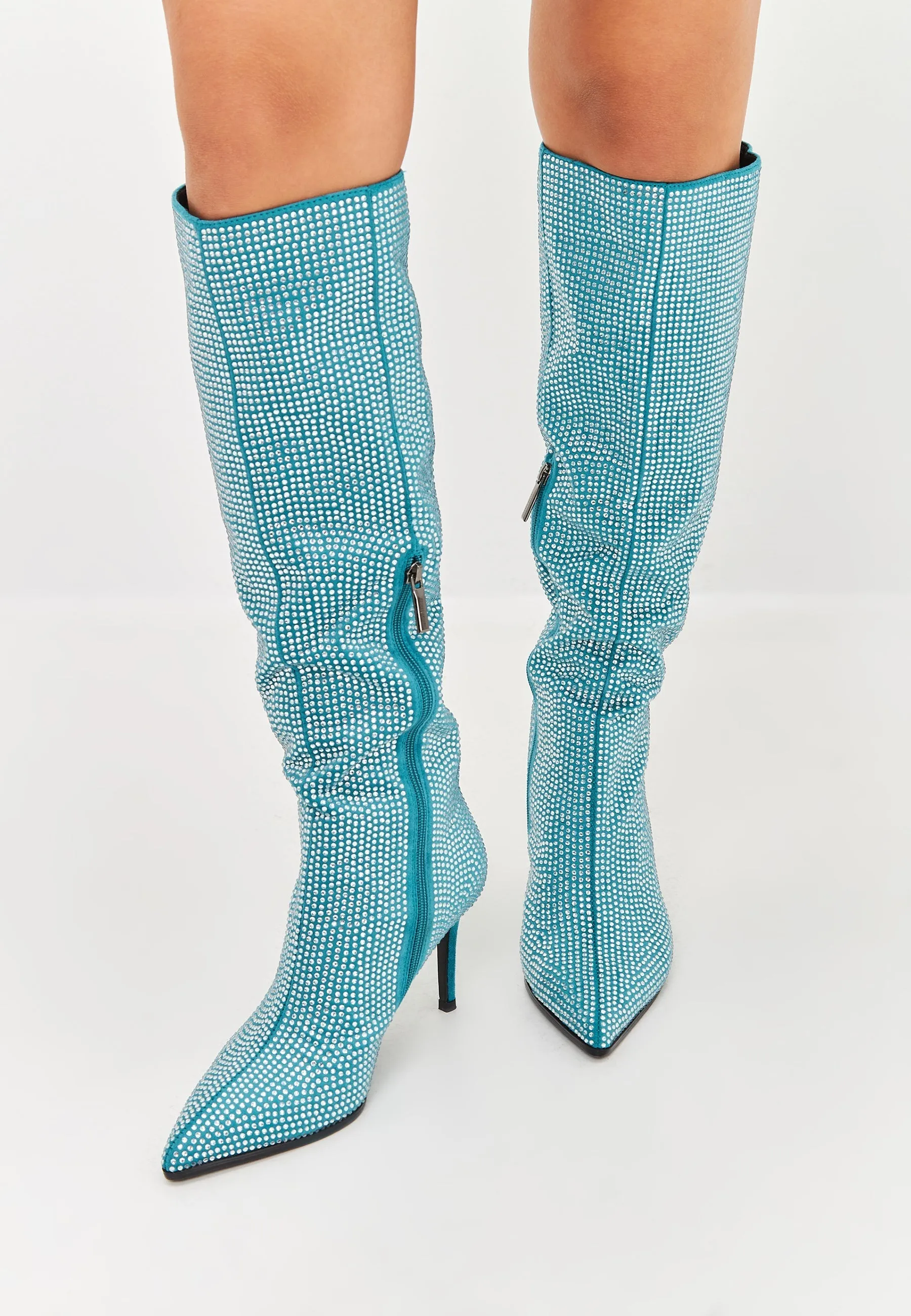 Jewel Stiletto Knee High Boots Mili - Blue