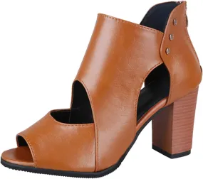 Ladies Fashion Vintage Solid Color Leather Open Toe Back Zip Chunky High Heel Sandals Women Heels Sandals