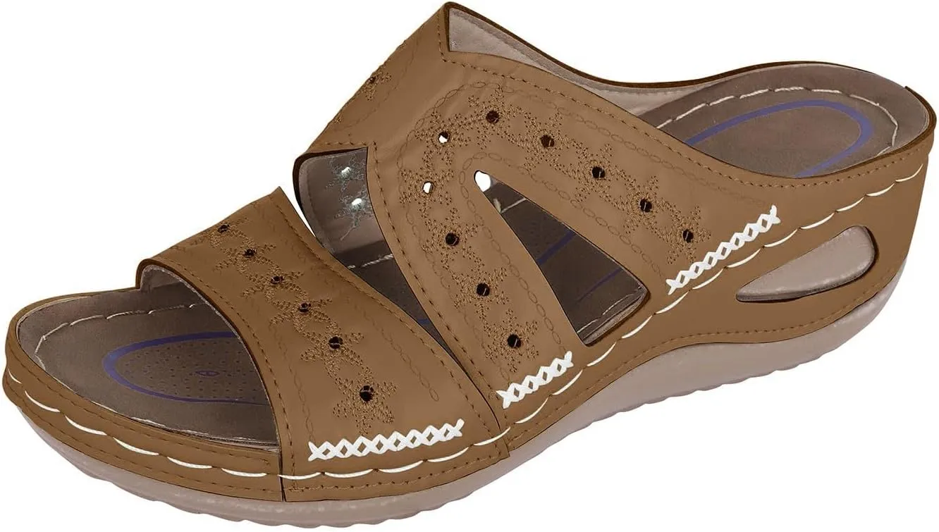 Ladies Low Block Chunky Heel Sandal Fish Mouth Casual Slope Beach Open Toe Slip On Cutout Wedge Arch Support Sandals