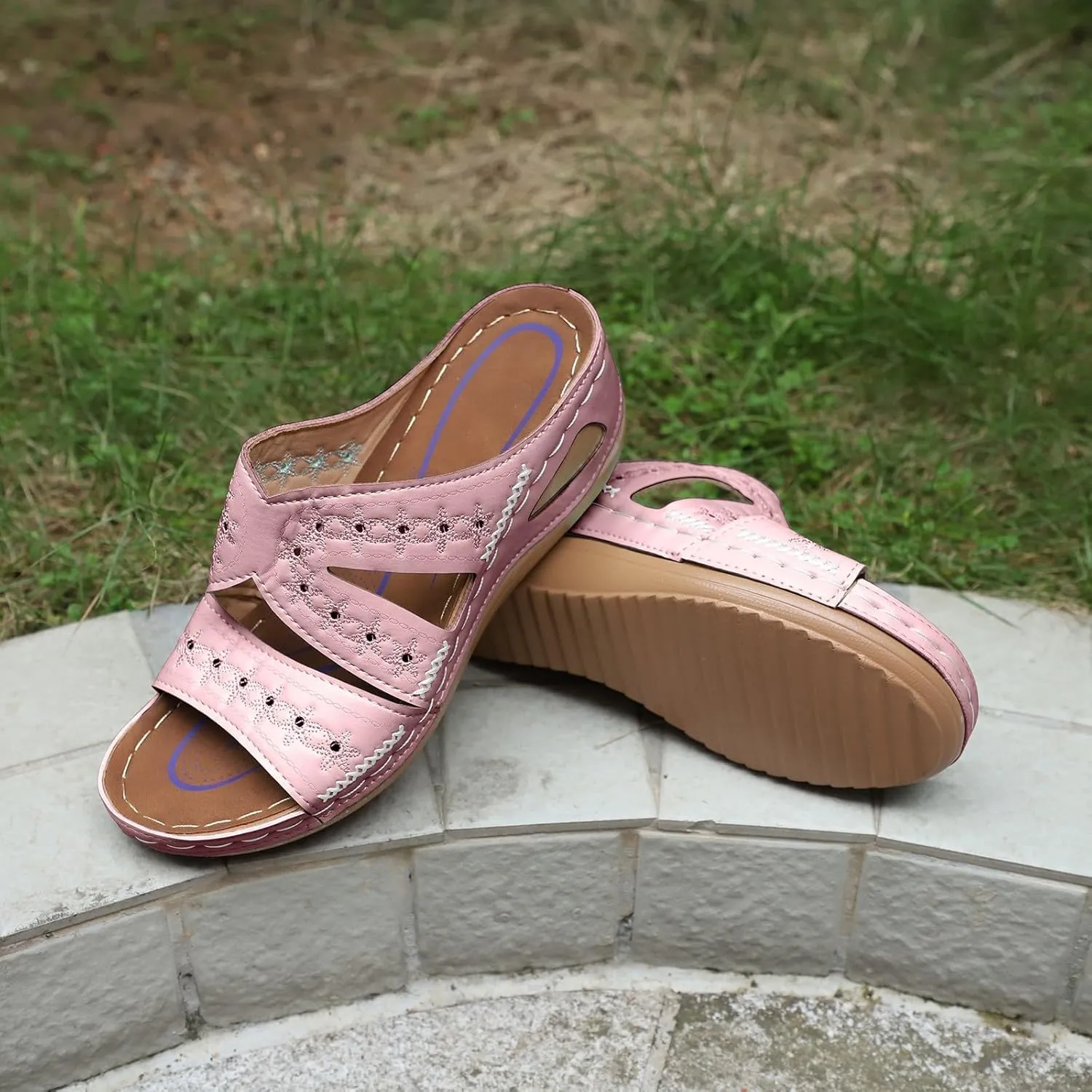 Ladies Low Block Chunky Heel Sandal Fish Mouth Casual Slope Beach Open Toe Slip On Cutout Wedge Arch Support Sandals