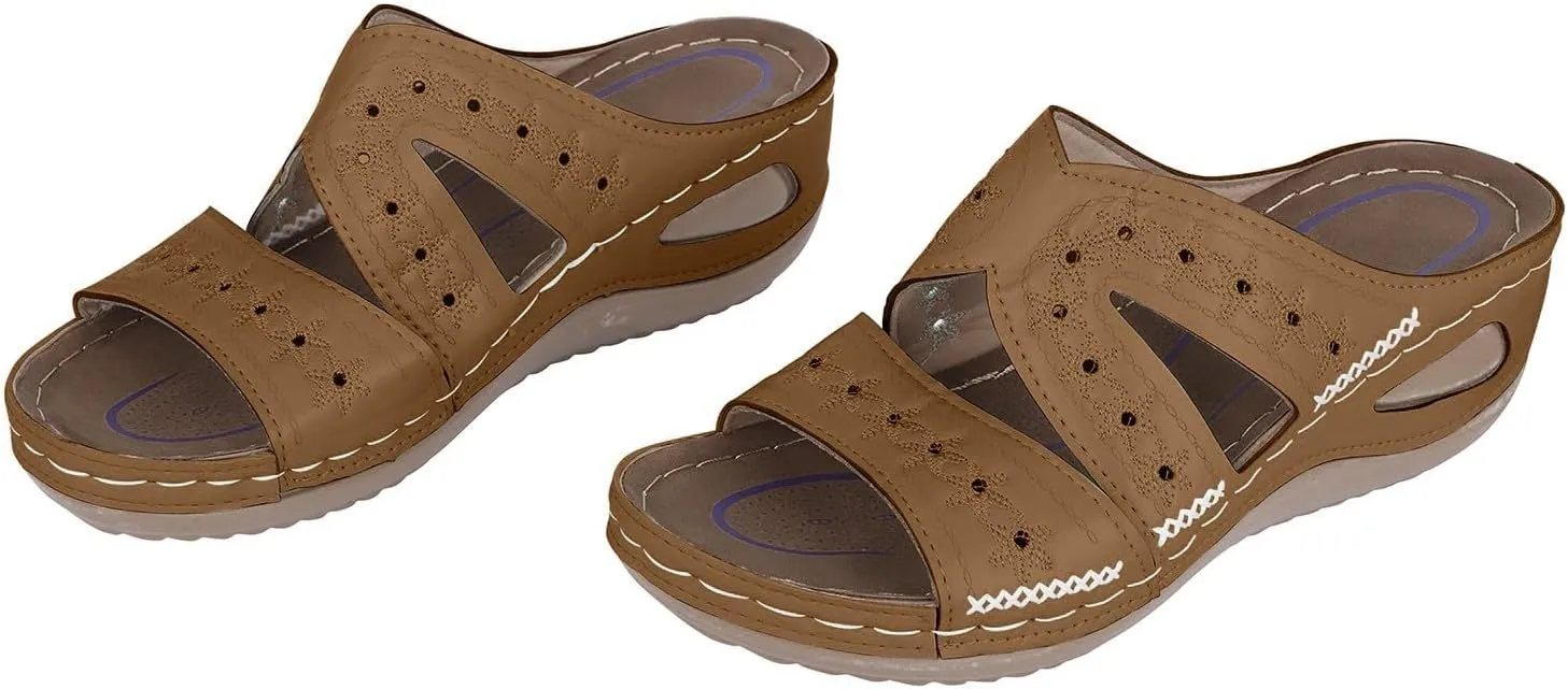 Ladies Low Block Chunky Heel Sandal Fish Mouth Casual Slope Beach Open Toe Slip On Cutout Wedge Arch Support Sandals