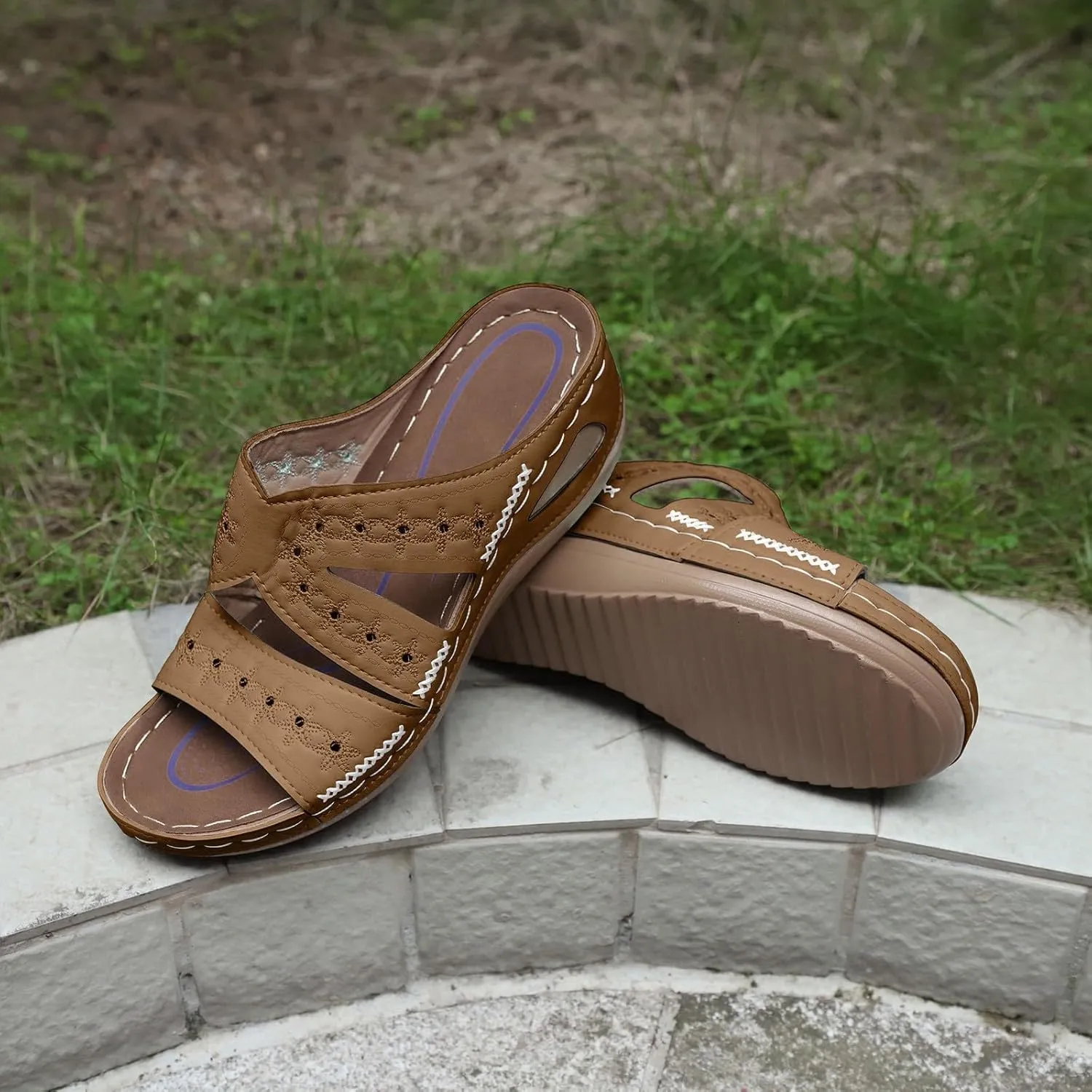 Ladies Low Block Chunky Heel Sandal Fish Mouth Casual Slope Beach Open Toe Slip On Cutout Wedge Arch Support Sandals