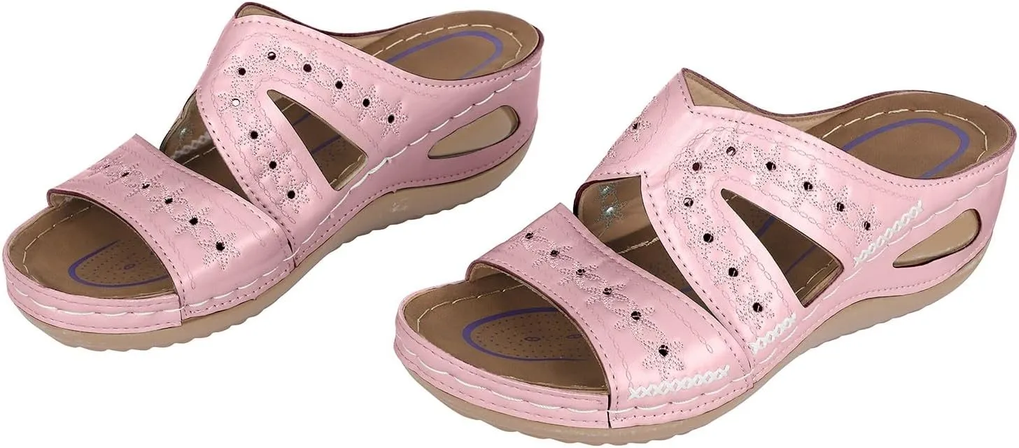 Ladies Low Block Chunky Heel Sandal Fish Mouth Casual Slope Beach Open Toe Slip On Cutout Wedge Arch Support Sandals