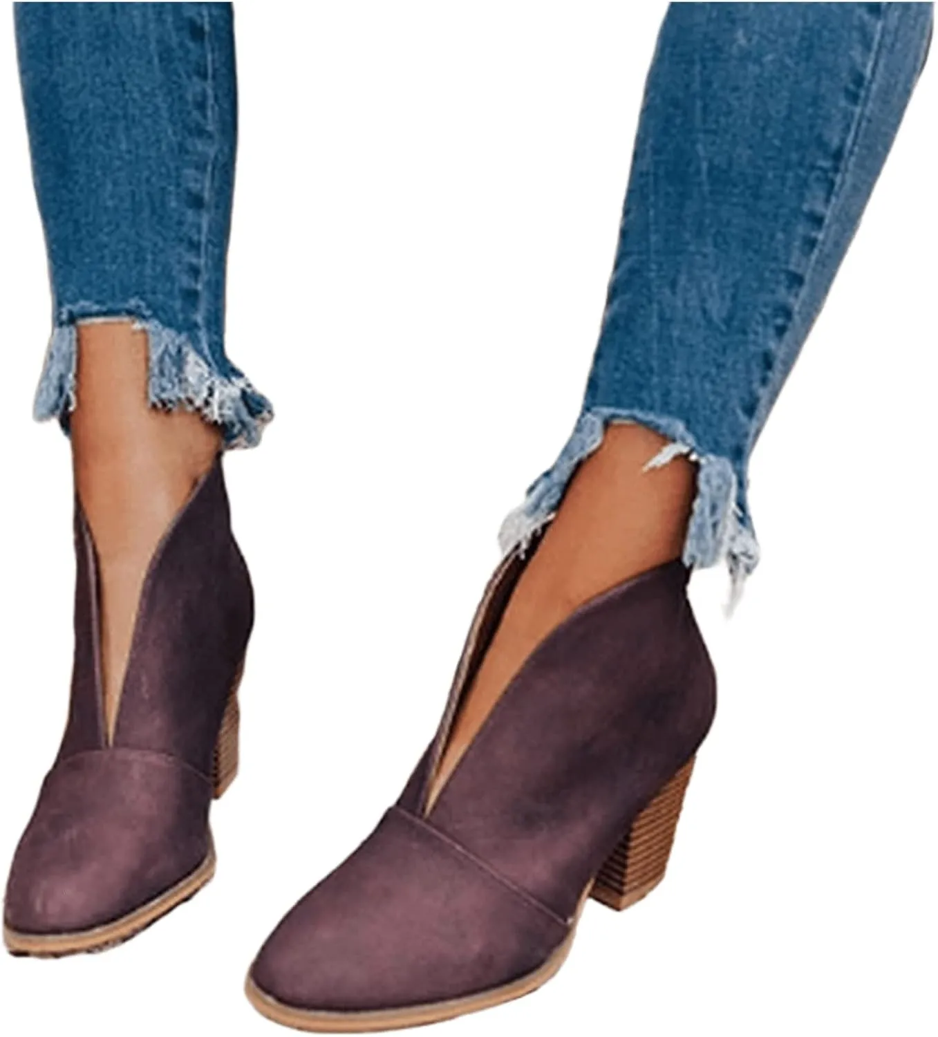 Lausiuoe Boots For Women Ankle Booties Sexy Low Heels Cutout Block Stacked Chunky Heel Casual Dressy Slip on Wide Boots