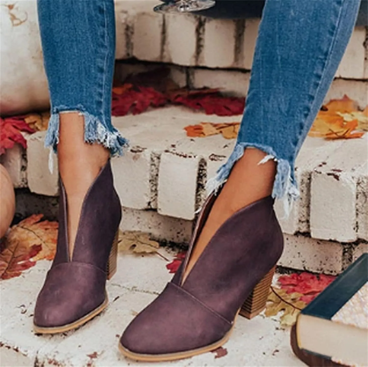 Lausiuoe Boots For Women Ankle Booties Sexy Low Heels Cutout Block Stacked Chunky Heel Casual Dressy Slip on Wide Boots