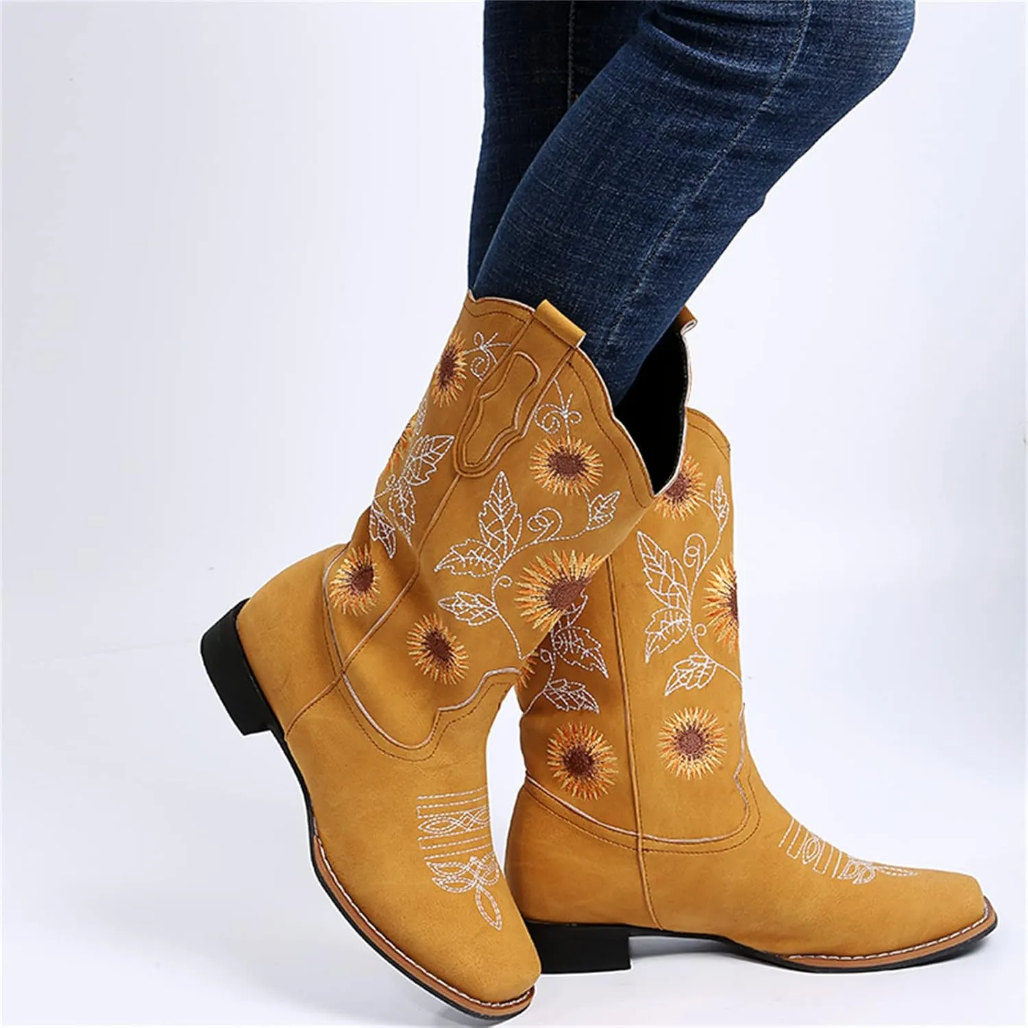 Lausiuoe Cowboy Boots For Women Leather Embroidered Modern Western Cowgirl Style Knee High Wide Calf Chunky Booties