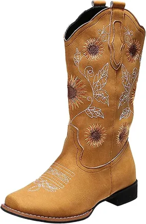 Lausiuoe Cowboy Boots For Women Leather Embroidered Modern Western Cowgirl Style Knee High Wide Calf Chunky Booties