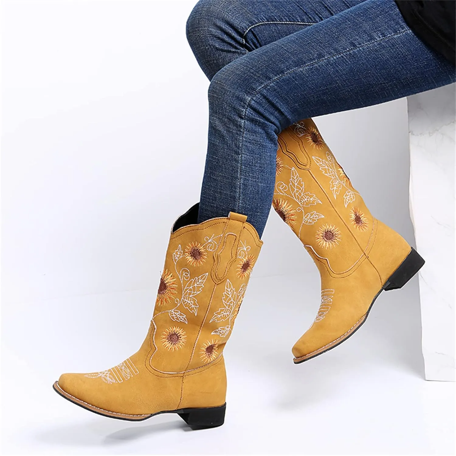 Lausiuoe Cowboy Boots For Women Leather Embroidered Modern Western Cowgirl Style Knee High Wide Calf Chunky Booties