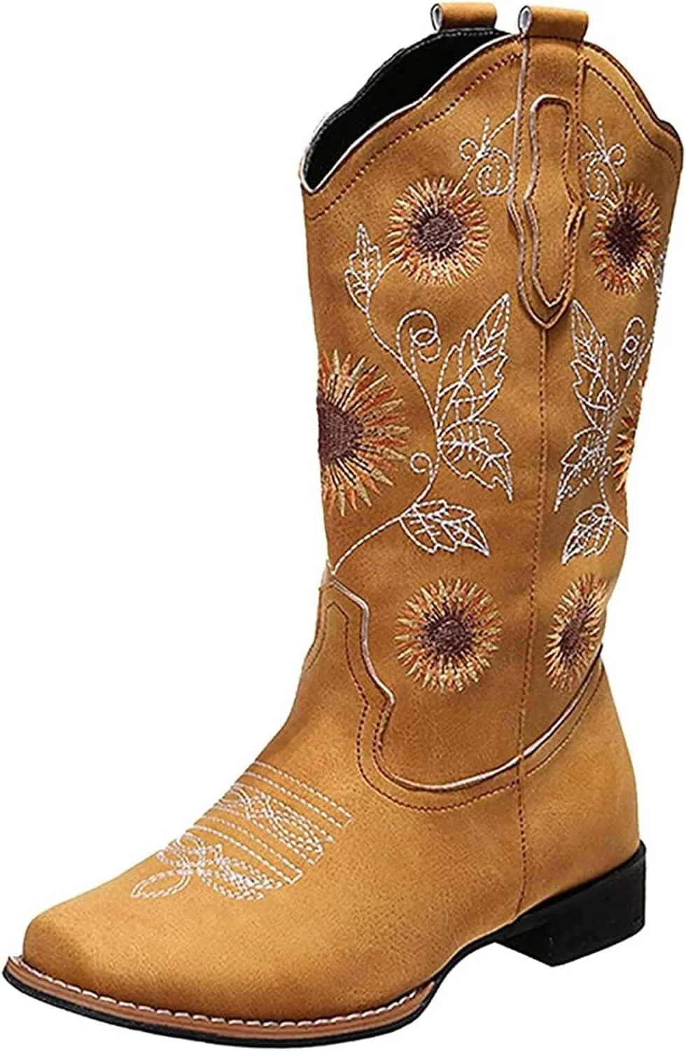 Lausiuoe Cowboy Boots For Women Leather Embroidered Modern Western Cowgirl Style Knee High Wide Calf Chunky Booties
