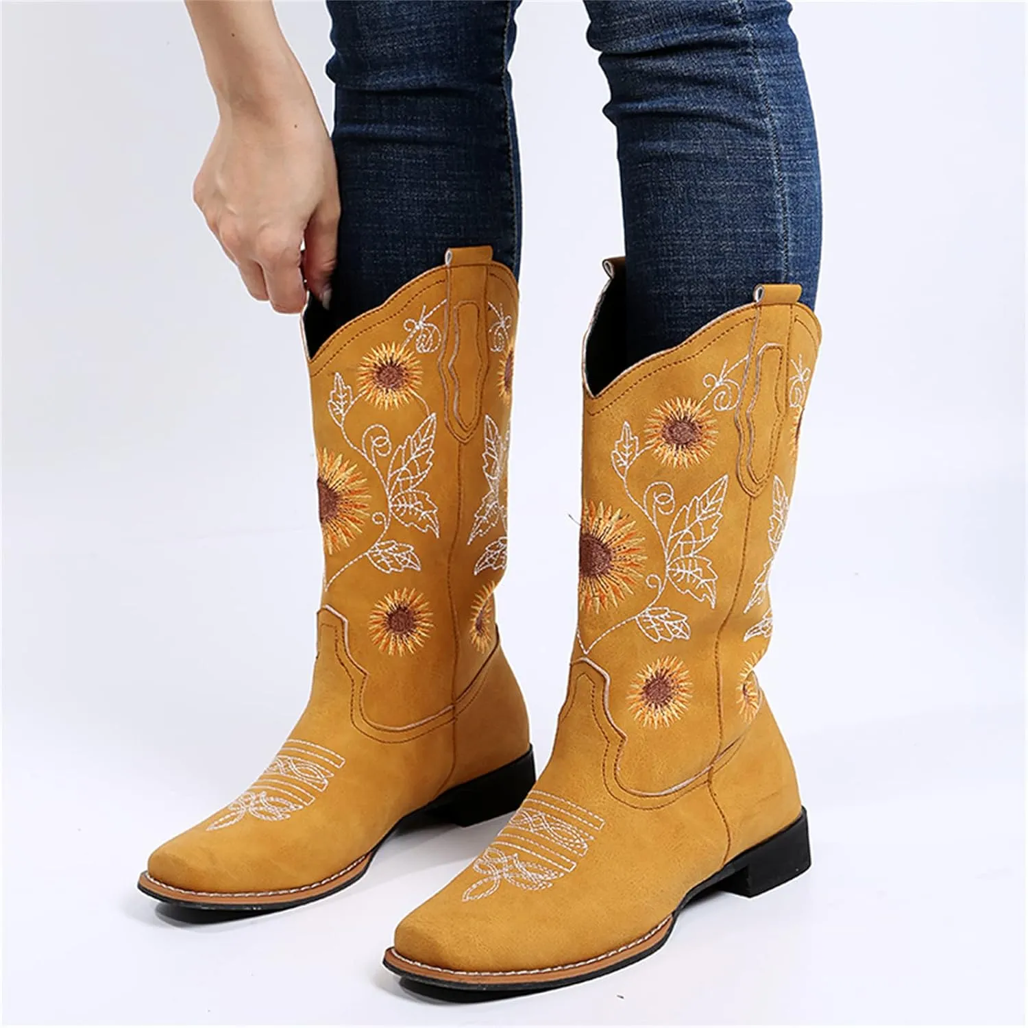 Lausiuoe Cowboy Boots For Women Leather Embroidered Modern Western Cowgirl Style Knee High Wide Calf Chunky Booties