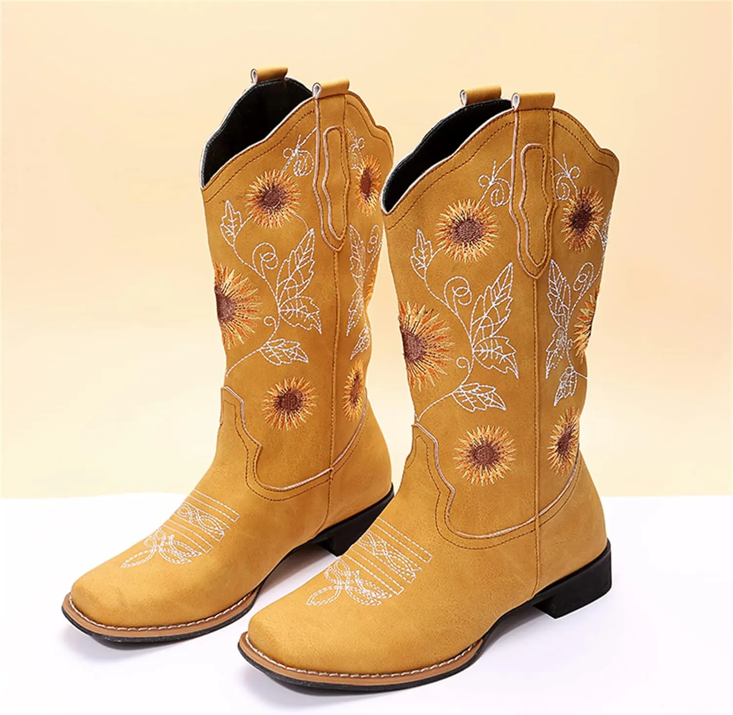 Lausiuoe Cowboy Boots For Women Leather Embroidered Modern Western Cowgirl Style Knee High Wide Calf Chunky Booties
