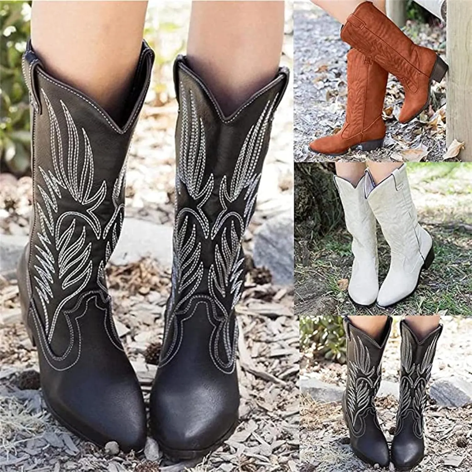 Lausiuoe Womens Boots Knee High Wide Calf Cowboy Boots Western Cowgirl Fashion Retro Classic Embroidered Chunky Booties