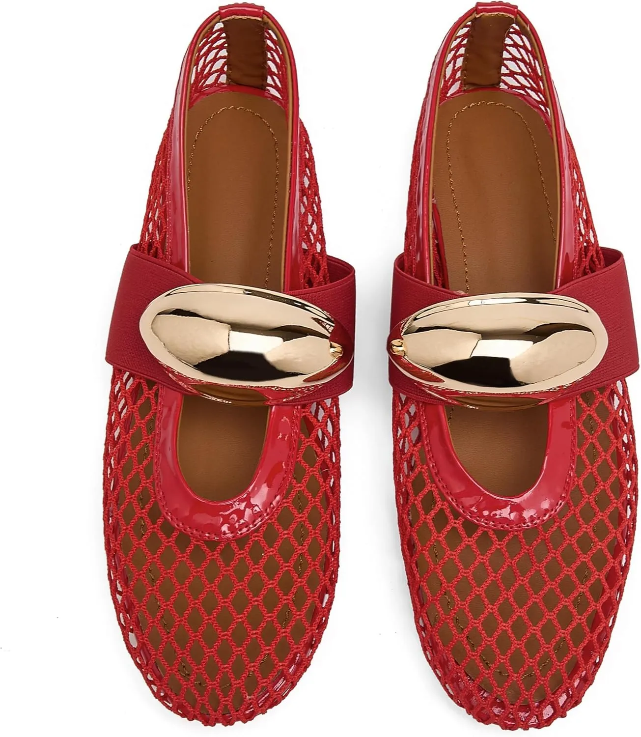 Mesh Ballet Flats for Women Gold Strap Fishnet Flats Round Toe Mary Jane Flats Casual Comfy Daily Dress Slip On Low Heel Ballerina Shoes