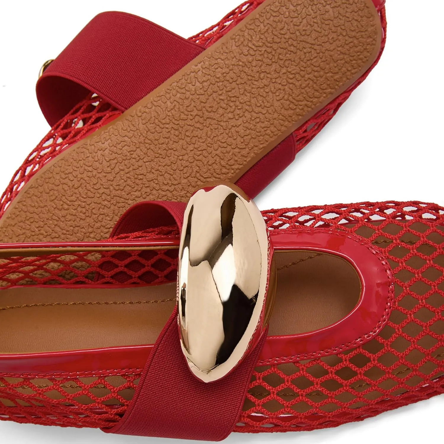 Mesh Ballet Flats for Women Gold Strap Fishnet Flats Round Toe Mary Jane Flats Casual Comfy Daily Dress Slip On Low Heel Ballerina Shoes