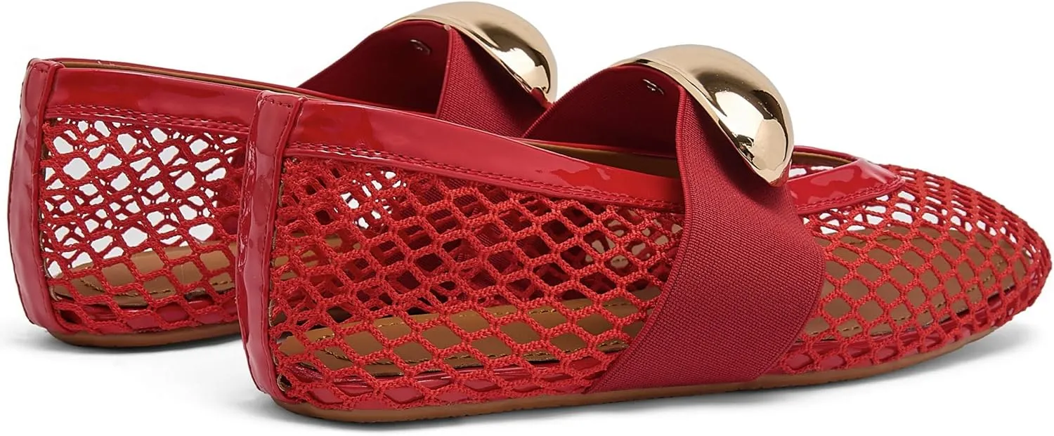 Mesh Ballet Flats for Women Gold Strap Fishnet Flats Round Toe Mary Jane Flats Casual Comfy Daily Dress Slip On Low Heel Ballerina Shoes