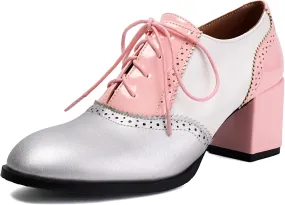 Mixed Colors Vintage Oxfords Lace Up Classic Sewing Brogue for Women Block LowHeel Round Toe Mary Jane