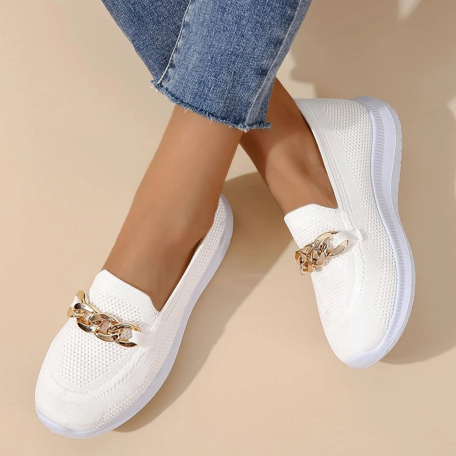 Orthopedic Slip-On Walking Shoes for Women, Comfort Loafers Wide Fit Knit Breathable Mesh Non-Slip Platform