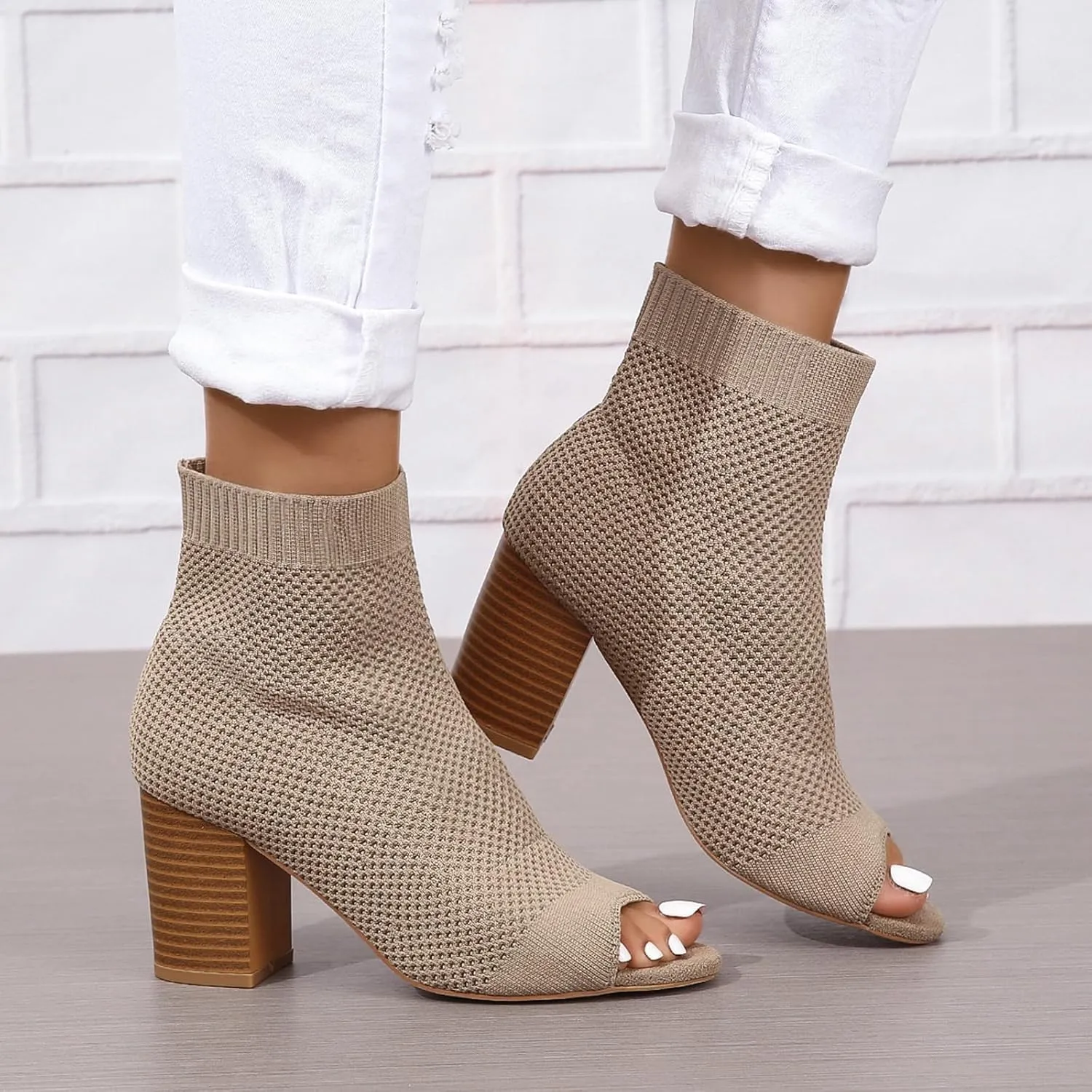 Peep Toe Booties for Women Knit Open Toe Chunky Block Heels Breathable Sock Boots Summer Casual Slip On Dress Sock Booties