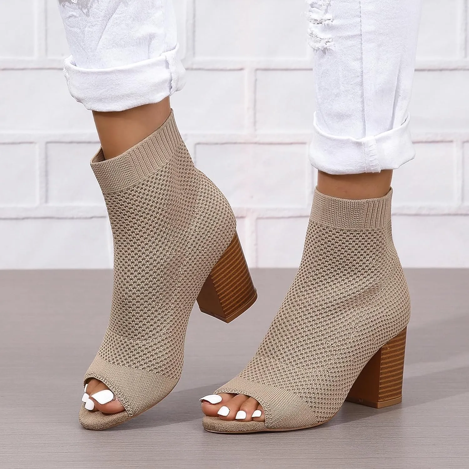 Peep Toe Booties for Women Knit Open Toe Chunky Block Heels Breathable Sock Boots Summer Casual Slip On Dress Sock Booties